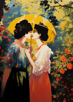 Two elegantly and brightly dressed women stand under a yellow umbrella and share an intimate moment, in anticipation of a kiss. Their faces are inches apart, framed by dark wavy hair and delicate jewelry. The background is filled with lush greens and bright orange roses, in an impressionist style with a rich color palette.