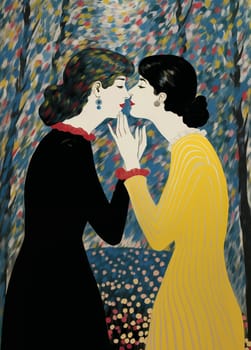 Two elegant women stand close together in an intimate moment about to share a kiss. One is wearing a black dress with a red ruffle collar, and the other is wearing a yellow striped dress with a white ruffle collar. Their hands are gently touching, creating a sense of tenderness. The background depicts an impressionistic vintage-style colorful landscape with bold lines and a vibrant color palette.