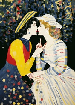Two elegantly dressed women sit close, looking into each other's eyes, and lean in for a kiss. One is wearing a yellow and red outfit with a dark floral skirt and a yellow hat, while the other is wearing a white dress with multicolored stripes and a wide-brimmed hat. Their hands are gently touching and their fingers are intimately intertwined. The background is impressionistic and painterly.