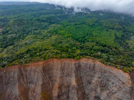 Aerial perspective of steep, striated cliffs with dense green forest above, transitioning into a misty horizon with low hanging clouds in Kauai, Hawaii.