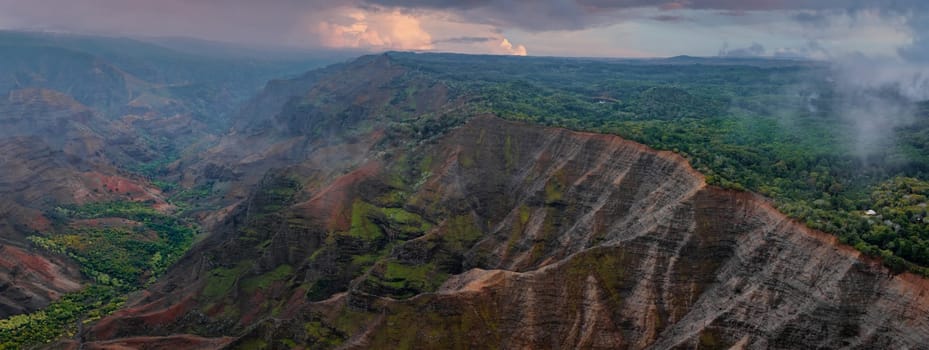 Aerial view of Waimea Canyon on Kauai Island, Hawaii, featuring rugged red and green cliffs, deep valleys, mist, and dense forests under a cloudy sky.