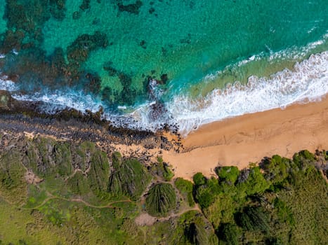 Golden sand beach on Kauai island bordered by turquoise waters, volcanic rocks, and lush green vegetation with visible underwater formations.