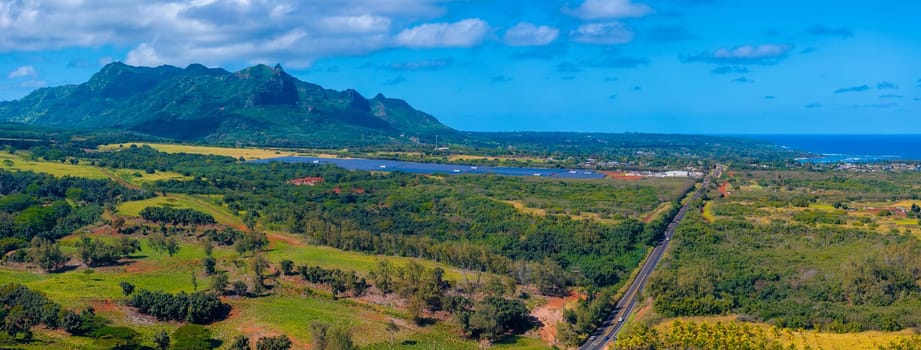 Aerial view of Kauai Island, Hawaii, showing lush green hills, a mountain range, a straight road, fields, trees, and the Pacific Ocean in the distance.