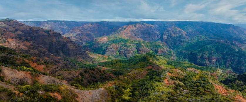 Aerial perspective of Waimea Canyon on Kauai Island, Hawaii, showcasing multicolored cliffs, lush vegetation, and dramatic ridges under a cloudy sky.