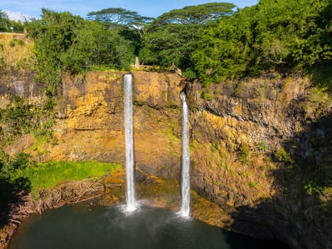 Twin waterfalls of Wailua Falls flow from a rocky cliff into a tranquil pool, surrounded by lush greenery and vibrant vegetation under sunlight.
