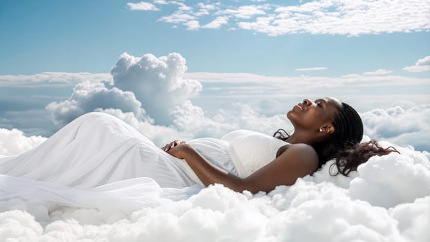A black woman in a flowing white dress lies on fluffy clouds, gazing peacefully at the blue sky filled with soft white clouds and sunlight - Generative AI