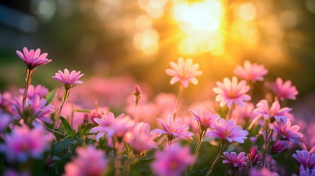 Delicate pink flowers bloom in a lush garden as the warm golden sun sets in the background, casting a beautiful glow over the scene - Generative AI