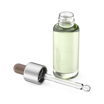 Glass bottle with green liquid and pipette on white background