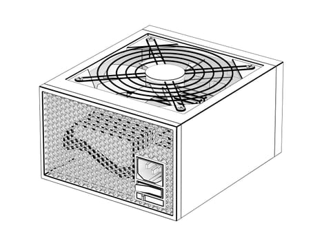 Sketch of a power supply unit for computer on white background