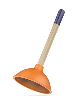 Toilet plunger with wooden handle on white background