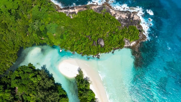 Lush greenery merges with crystal clear waters along the sandy beach on a sunny day. Grand Anse. Seychelles, Mahe.