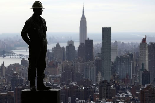 A statue of a man stands on a ledge overlooking a city. The statue is of a man in a hard hat, and the city below is bustling with activity. The statue is a tribute to the hard work