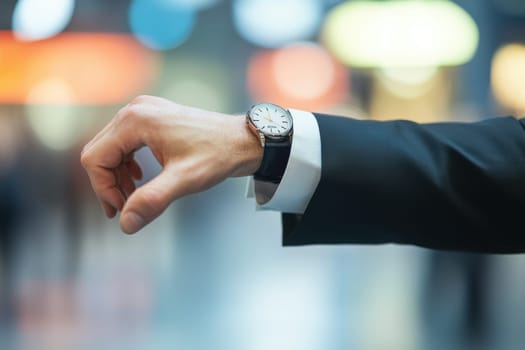 A man wearing a watch is pointing to the time. The watch is on his left wrist. The man is dressed in a suit and tie