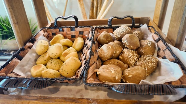 Artisan bread rolls served in woven baskets at a local cafe
