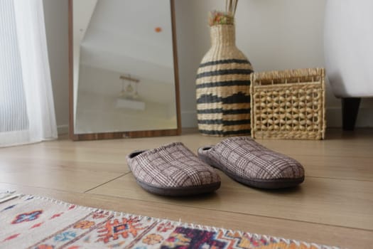Two slippers rest on a wooden floor in a stylish living space, creating warmth.