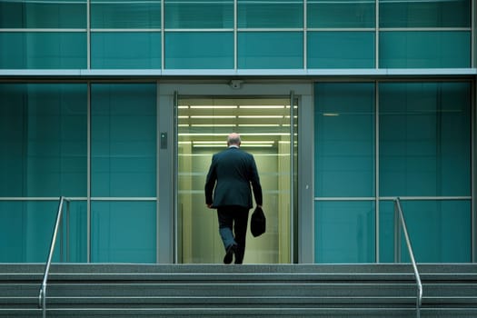 A man in a suit is walking out of a building with a briefcase. The building is modern and has a glass facade. The man is in a hurry, possibly heading to a meeting or an appointment