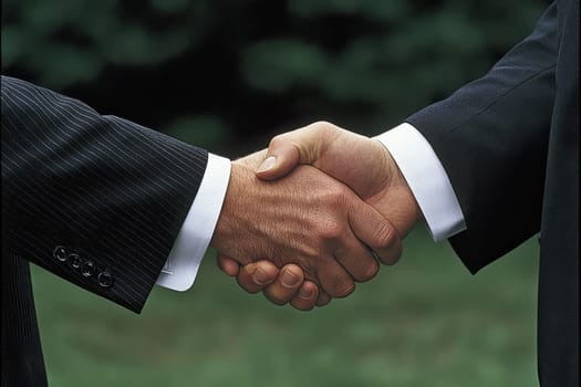 Two men shake hands in a business meeting. The handshake is a symbol of agreement and trust. The men are dressed in suits, which suggests that they are in a professional setting