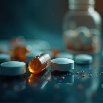 Spilled pills on a table with a bottle. AI generated