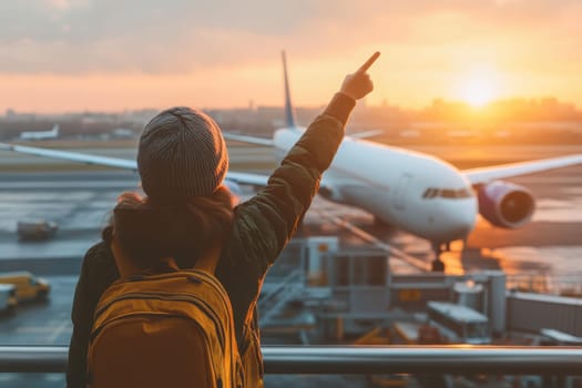 A traveler stands at an airport, pointing toward an airplane at sunset. The orange sky reflects the excitement of embarking on a journey. The scene captures a moment of anticipation and adventure.