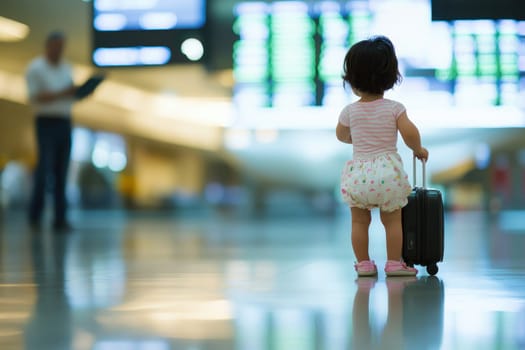A young child stands in an airport terminal holding a small suitcase, gazing at the flight information screens. The atmosphere reflects excitement and anticipation for travel.