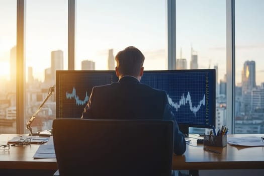 A businessman sits in a modern office, analyzing financial data on dual monitors. The sunset illuminates the city skyline, creating a productive atmosphere.