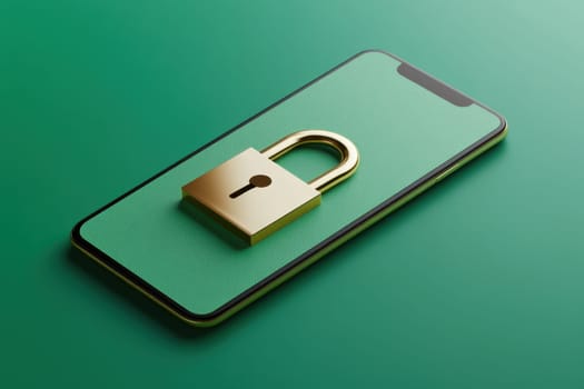 A smartphone features a golden padlock icon, symbolizing digital security and protection. The vibrant green background emphasizes the importance of safeguarding personal data.