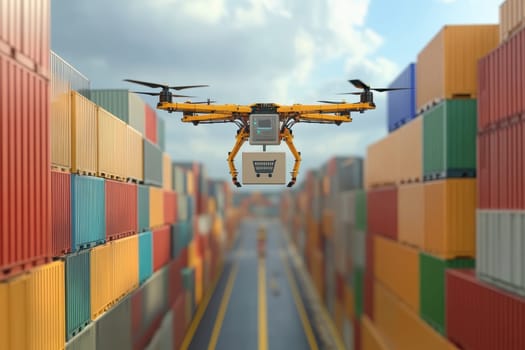 A drone transports a package above a colorful array of shipping containers in a bustling logistics hub, showcasing modern delivery technologies in action.