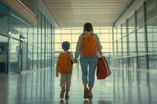 A mother and child walk hand-in-hand through a spacious airport terminal, both wearing backpacks. The modern architecture and bright lighting create an inviting atmosphere for their journey.