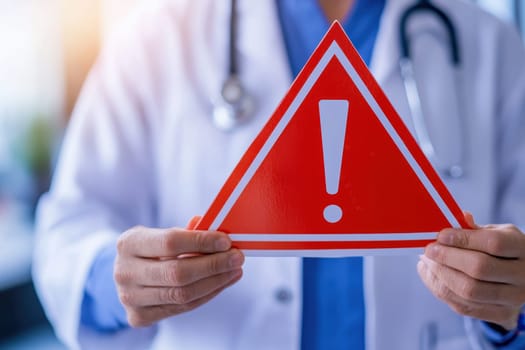 A doctor in a medical coat holds a red triangular warning sign to emphasize safety and health precautions, highlighting the importance of being aware in healthcare settings.