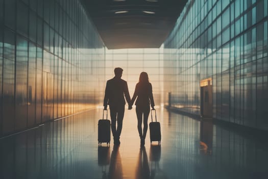 A romantic silhouette of a couple holding hands while walking through a modern airport terminal, symbolizing love and adventure in travel.