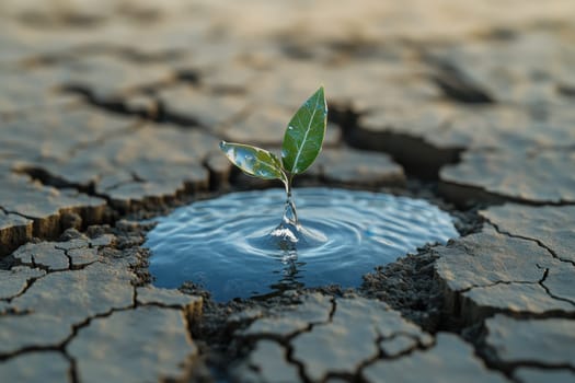 A vibrant green plant emerges from a small water pool on cracked dry soil, symbolizing resilience and hope in a challenging environment.