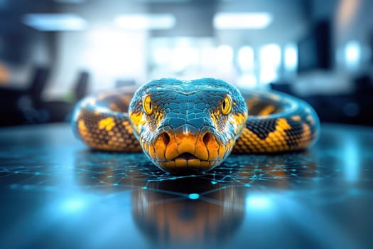 A vivid close-up of a blue and yellow snake showcasing scales and fierce eyes, set against a modern office backdrop, highlighting natural beauty.