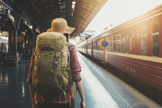 A woman with a backpack stands at a train station, waiting for her journey as the sunset casts warm light, reflecting a sense of adventure and exploration.