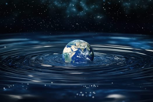 A stunning visual of Earth surrounded by shimmering water ripples, set against a cosmic blue background. This image evokes a sense of tranquility and connection.
