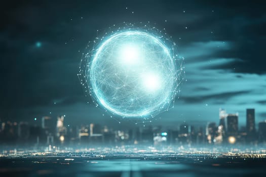 A stunning blue light sphere illuminates a modern urban cityscape at night, creating a captivating digital atmosphere that highlights the beauty of innovation and technology.