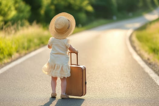 A cute child stands on a winding country road, holding a suitcase, radiating the spirit of adventure and exploration in warm summer light.