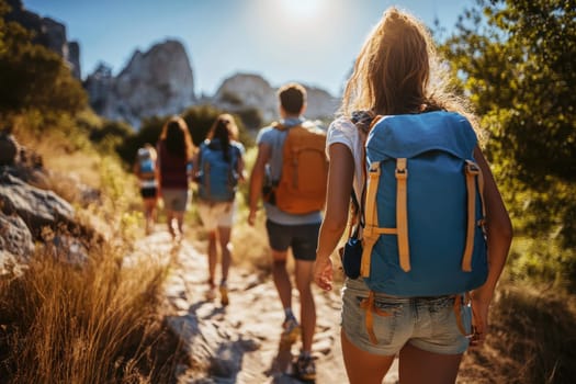 A group of people are walking down a trail, with one of them wearing a blue backpack. The group is made up of four people, including a woman with long hair. The trail is surrounded by trees and rocks