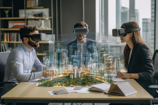 A diverse business team collaborates using virtual reality technology in a modern office setting. The immersive experience enhances project planning and creativity.