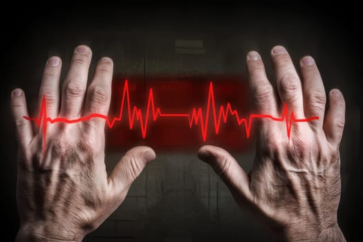 An artistic representation of hands holding a heartbeat line symbolizing health and vitality. The red pulse on a dark background evokes emotion and energy, representing life.
