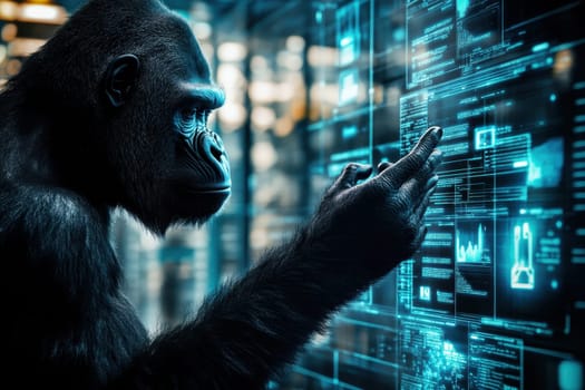 A captivating image of a gorilla interacting thoughtfully with a futuristic digital data interface in a laboratory setting, showcasing the blend of wildlife and advanced technology.