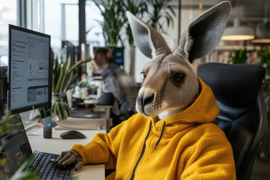 A kangaroo wearing a bright yellow hoodie is working on a computer in a modern office environment, blending humor with a professional setting.