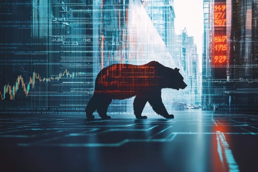 A powerful bear silhouette navigates a futuristic city, symbolizing market challenges. This visual highlights the intersection of wildlife and finance in a digital world.