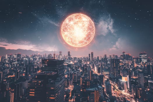 This stunning night cityscape features a vibrant skyline illuminated by a surreal glowing celestial body, creating a captivating blend of urban life and cosmic wonder.