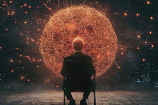 A figure sits in solitude, gazing at a vibrant abstract sphere filled with glowing connections, evoking themes of innovation and contemplation in a digital age.