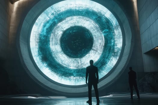 Two silhouetted figures stand before a large, glowing circular portal. The atmosphere is mysterious, blending futuristic design with abstract patterns and ideal for concepts of exploration and technology.