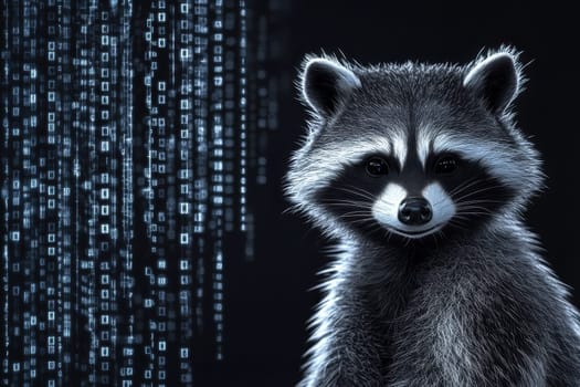 A detailed portrait of a raccoon showcasing its realistic fur and expressive features, set against a backdrop of digital binary code representing technology and innovation.