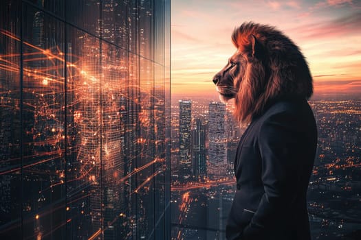 A striking image of a lion in a business suit standing before a city skyline at sunset. The lion represents strength and leadership in an urban environment.