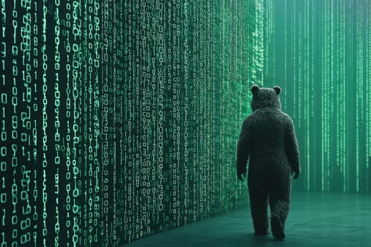 A solitary bear figure walks through a mesmerizing digital environment filled with green binary code, evoking themes of technology, nature, and exploration.
