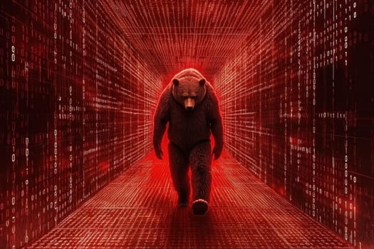 A surreal representation of a bear walking through a vibrant red tunnel filled with binary code, symbolizing the intersection of nature and technology in a captivating visual.