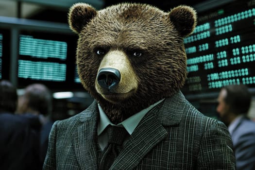 A whimsical bear dressed in a suit stands at a bustling financial trading floor, combining wildlife with corporate culture in a striking image.